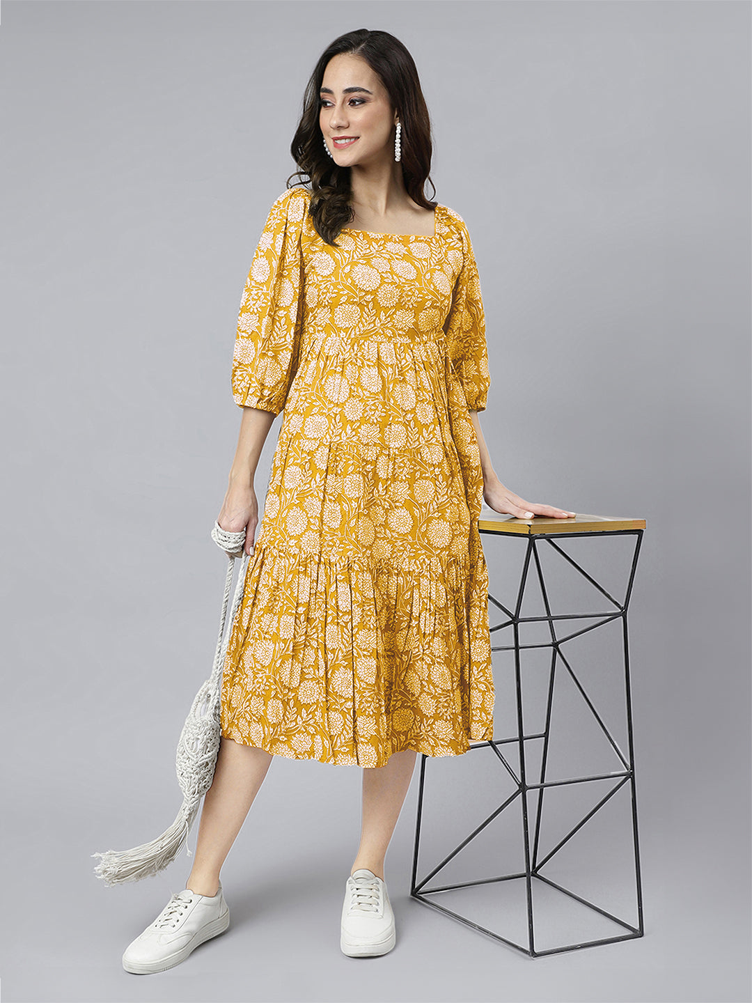 Yellow Pure Cotton Floral Printed Tiered Dress