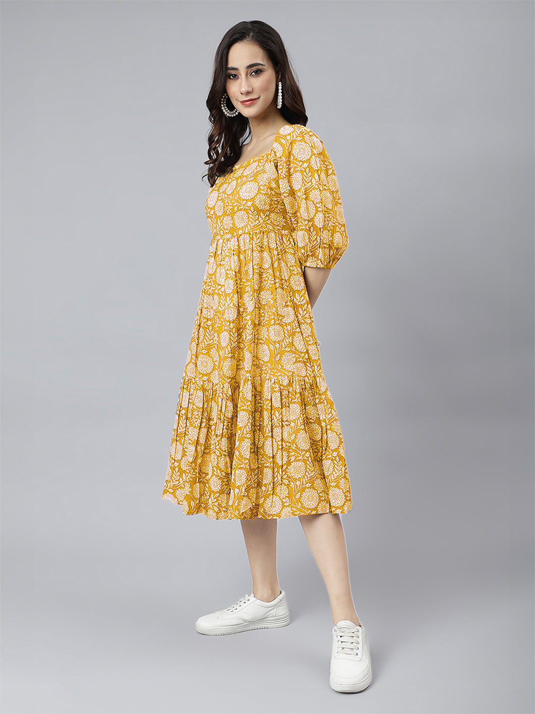 Yellow Pure Cotton Floral Printed Tiered Dress