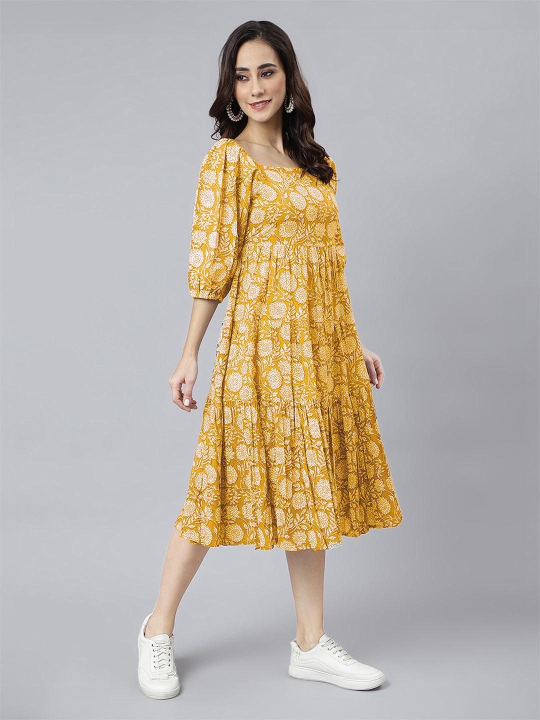 Yellow Pure Cotton Floral Printed Tiered Dress