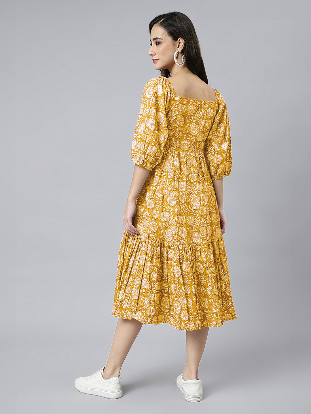 Yellow Pure Cotton Floral Printed Tiered Dress