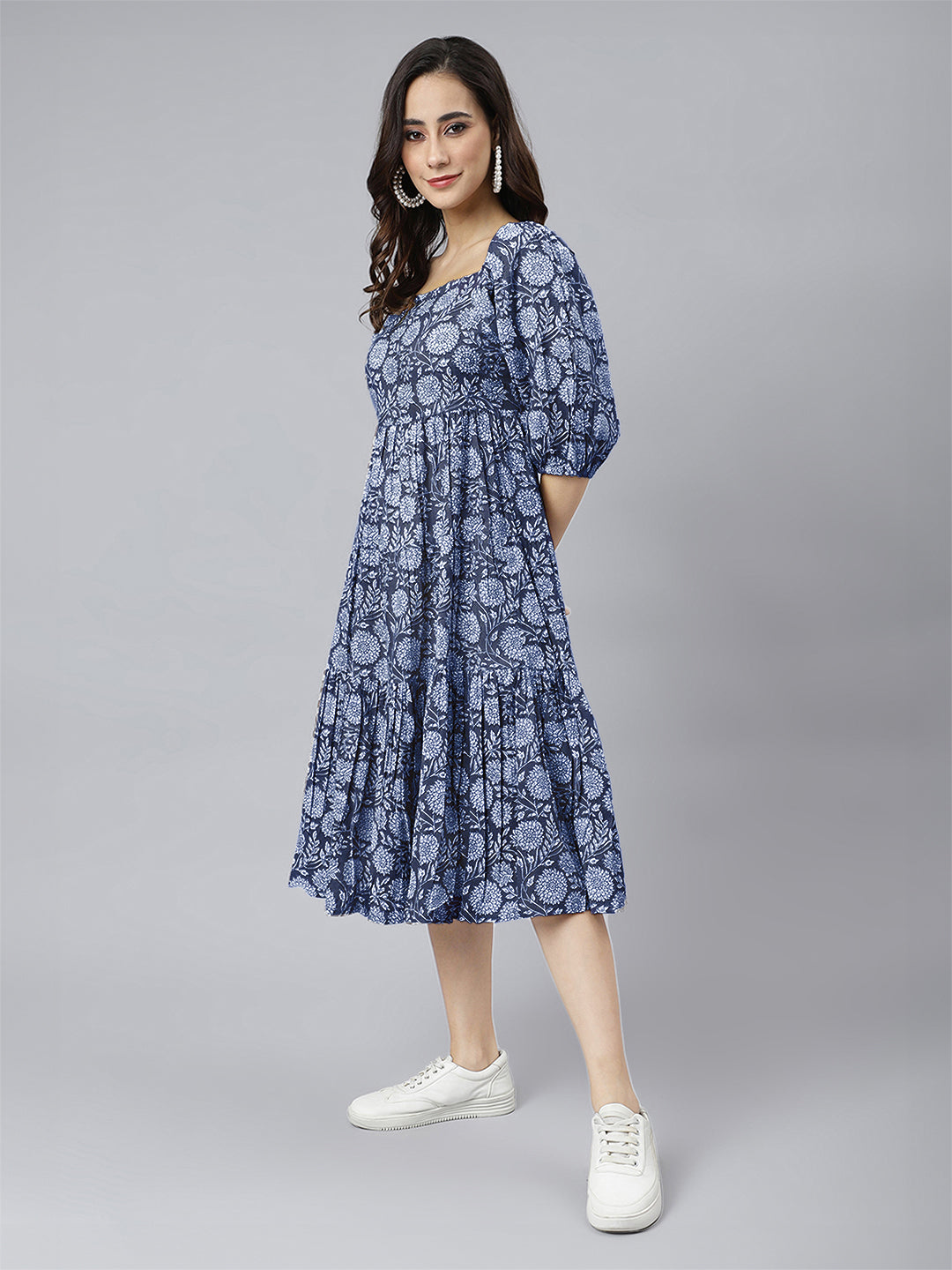 Blue Pure Cotton Floral Printed Tiered Dress