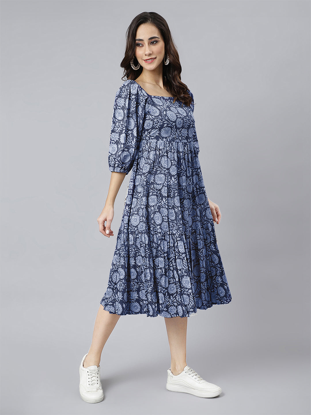 Blue Pure Cotton Floral Printed Tiered Dress