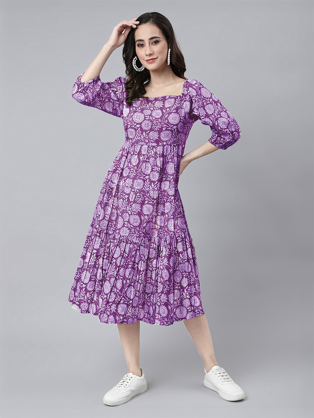 Purple Pure Cotton Floral Printed Tiered Dress