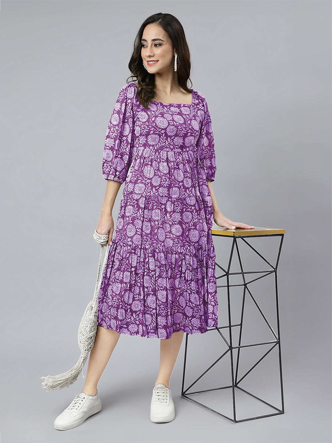 Purple Pure Cotton Floral Printed Tiered Dress