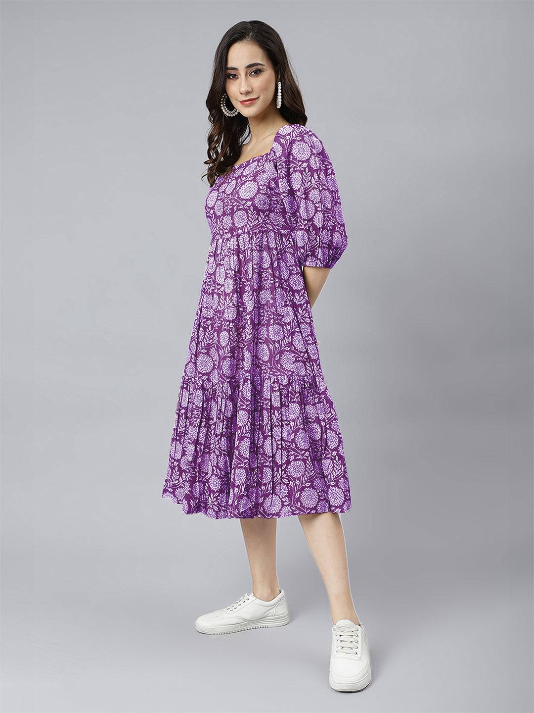 Purple Pure Cotton Floral Printed Tiered Dress