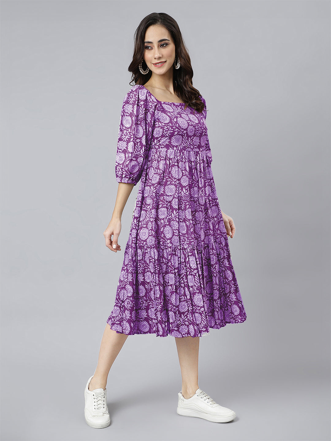 Purple Pure Cotton Floral Printed Tiered Dress