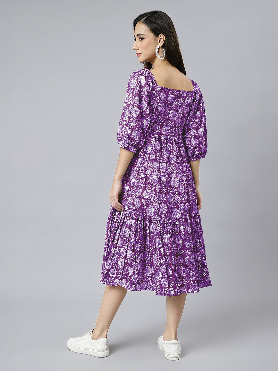 Purple Pure Cotton Floral Printed Tiered Dress