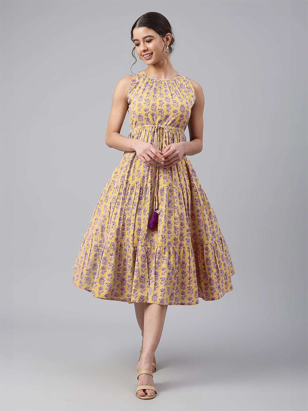 Yellow Pure Cotton Floral Printed Tiered Dress