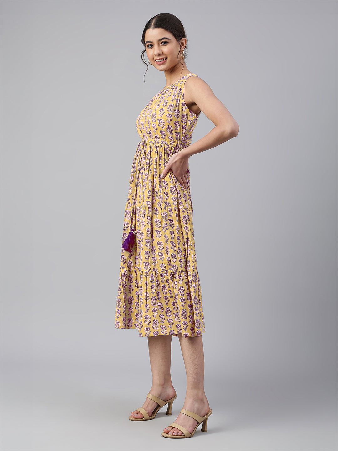 Yellow Pure Cotton Floral Printed Tiered Dress