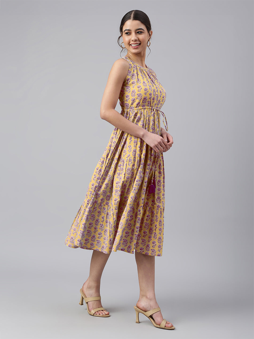 Yellow Pure Cotton Floral Printed Tiered Dress