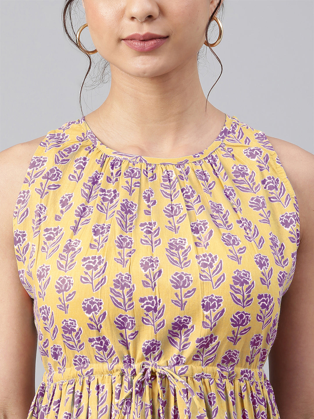 Yellow Pure Cotton Floral Printed Tiered Dress