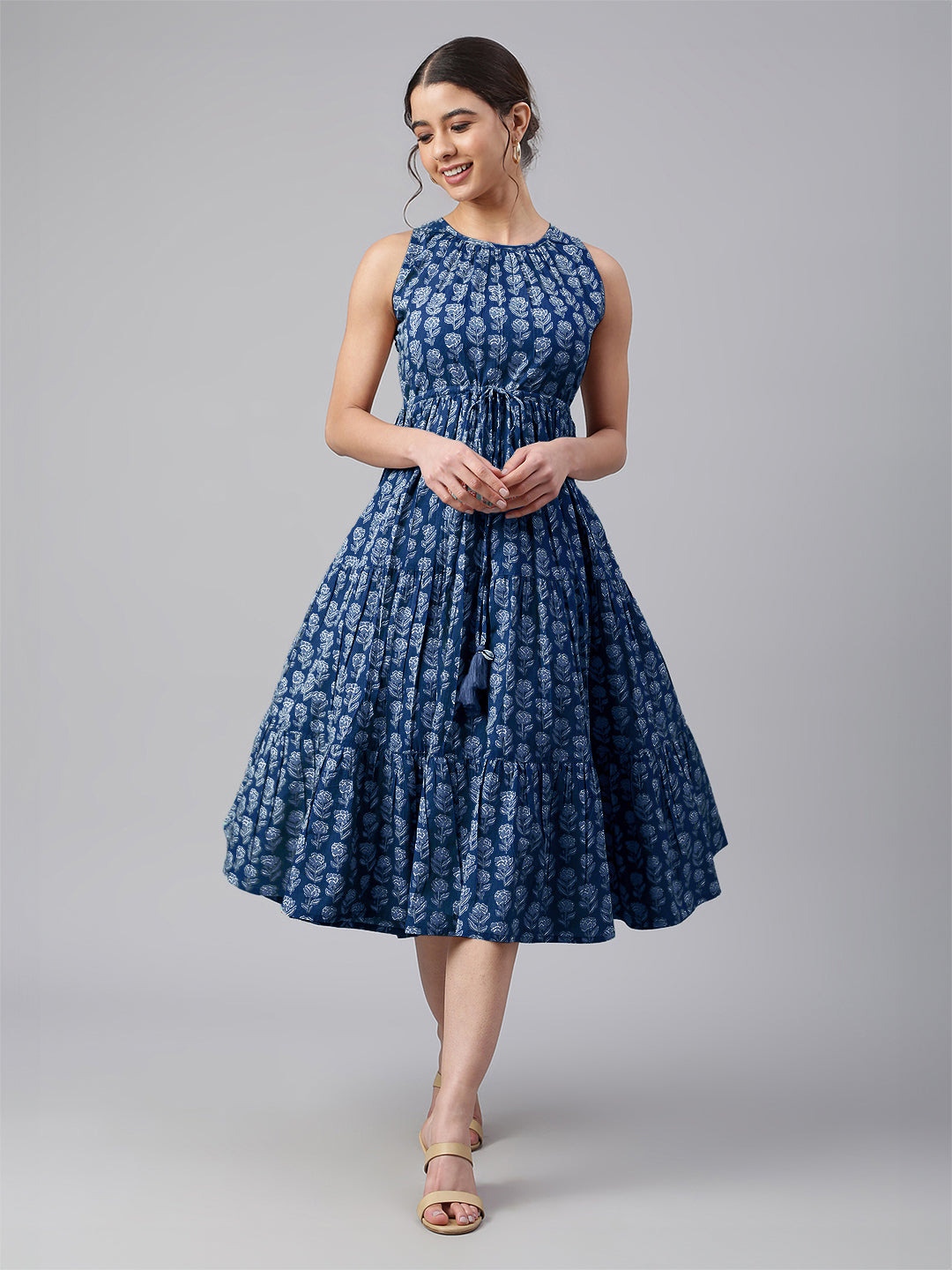 Indigo Pure Cotton Floral Printed Tiered Dress