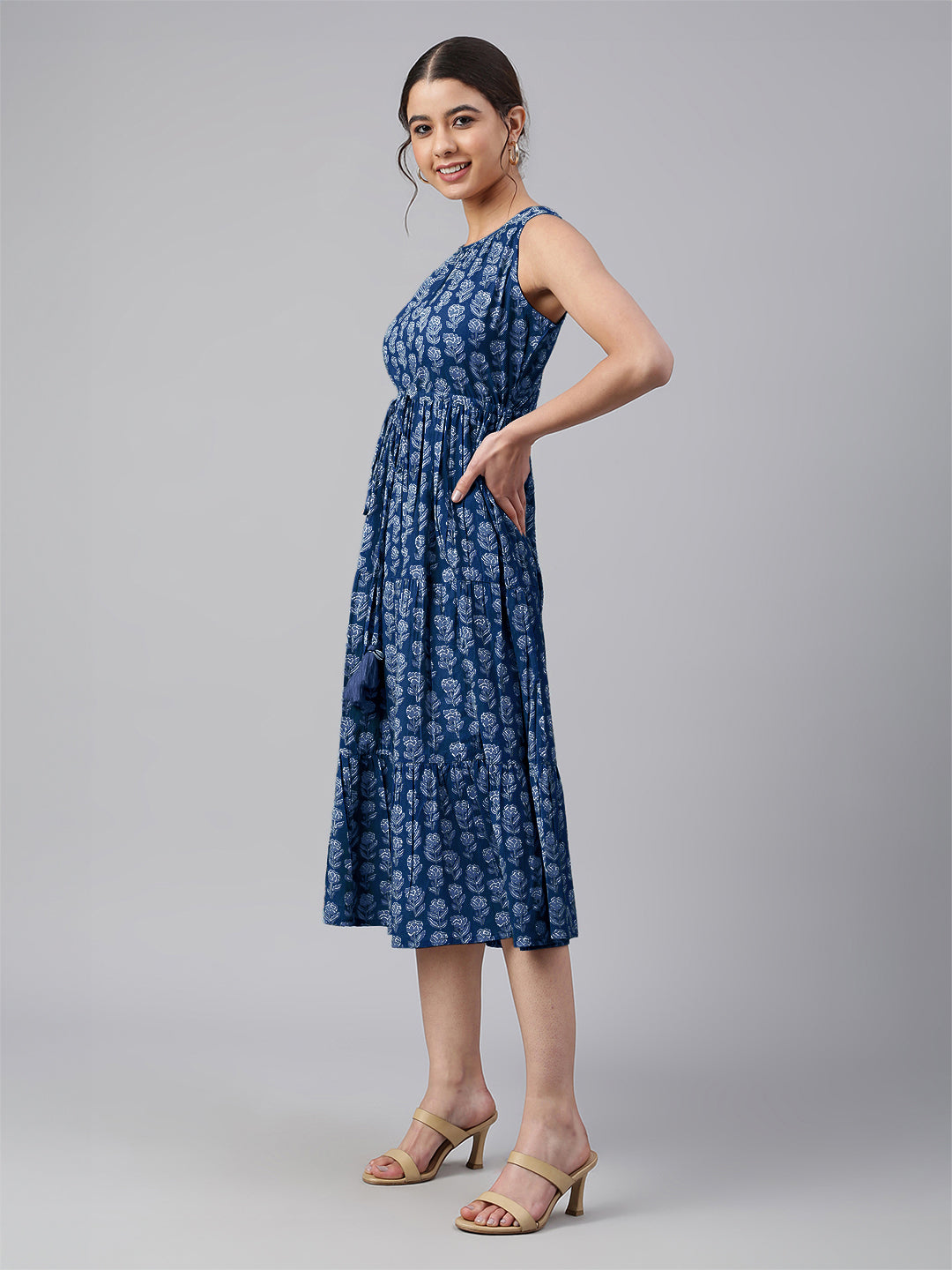 Indigo Pure Cotton Floral Printed Tiered Dress