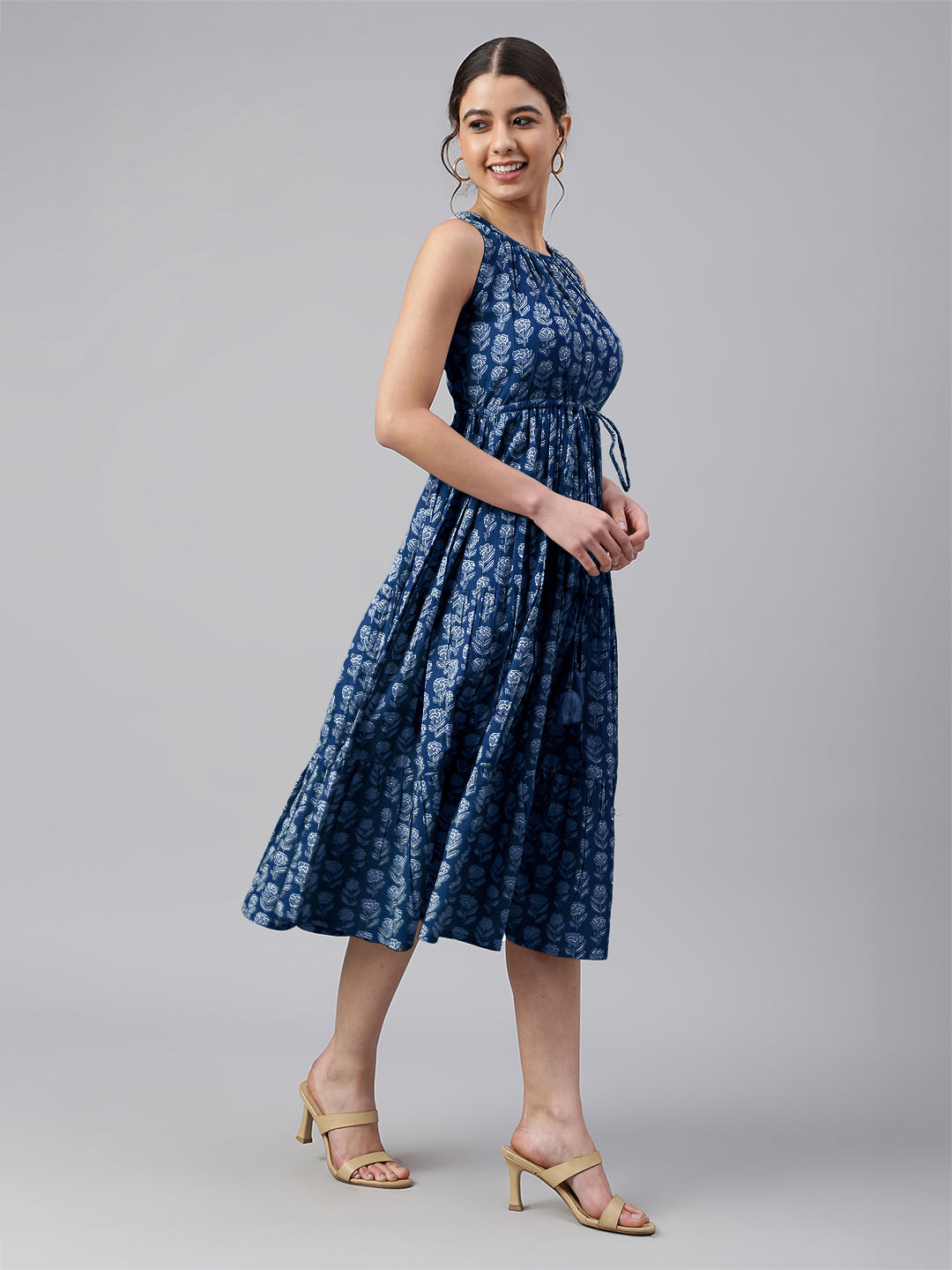 Indigo Pure Cotton Floral Printed Tiered Dress