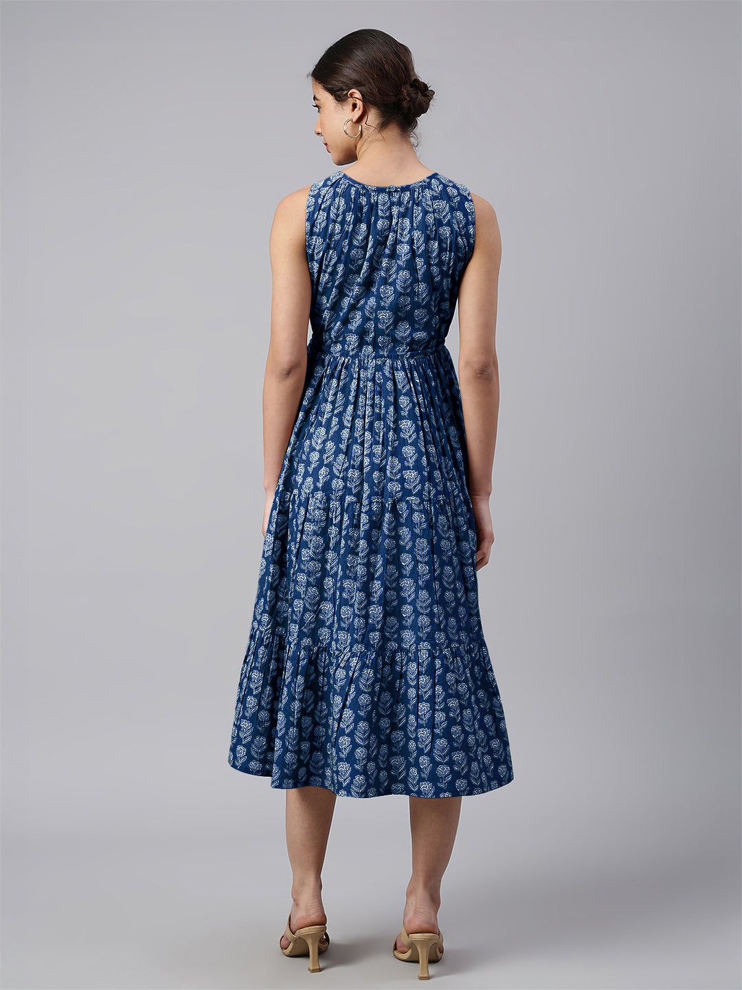 Indigo Pure Cotton Floral Printed Tiered Dress