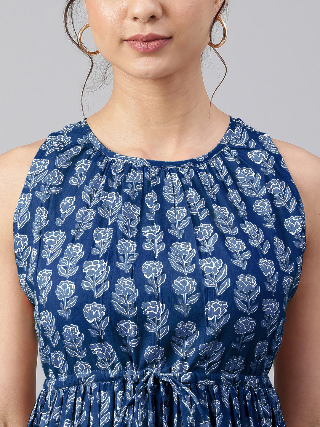 Indigo Pure Cotton Floral Printed Tiered Dress