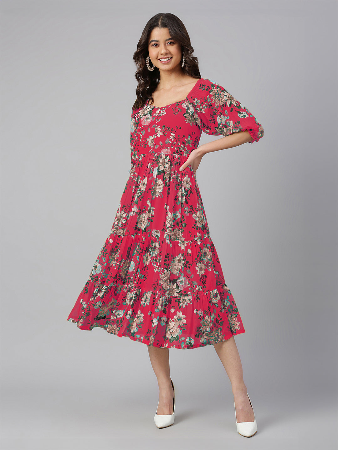 Pink Georgette Floral Printed Tiered Dress