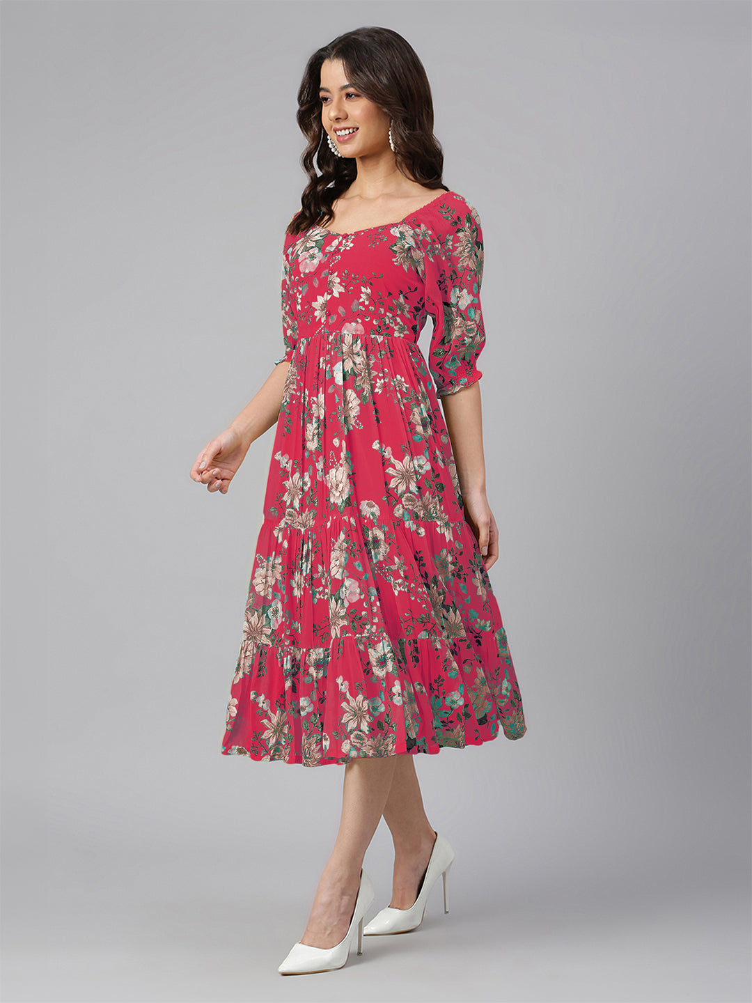 Pink Georgette Floral Printed Tiered Dress