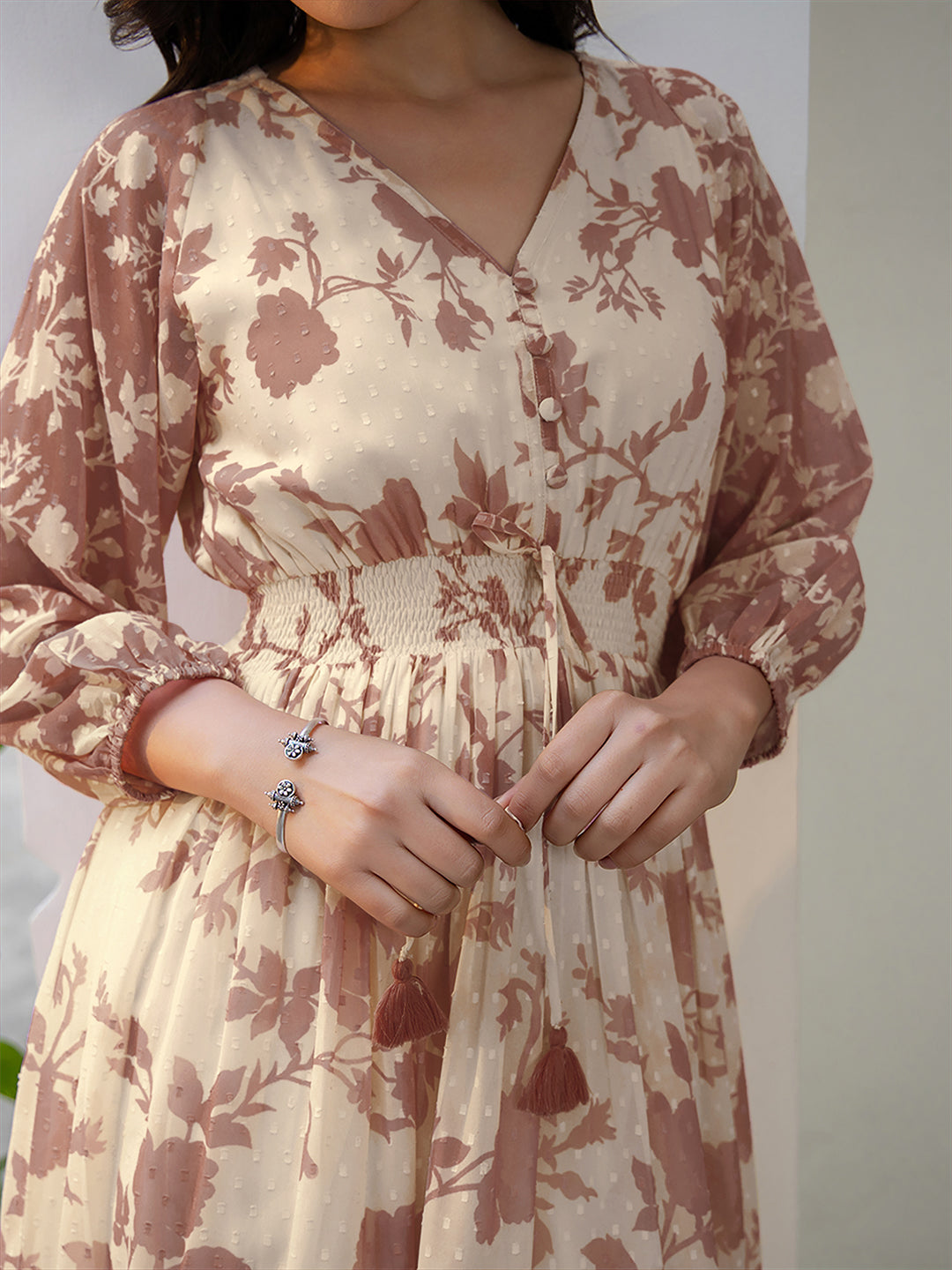 Brown Dobby Georgette Floral Printed Fit & Flare Dress