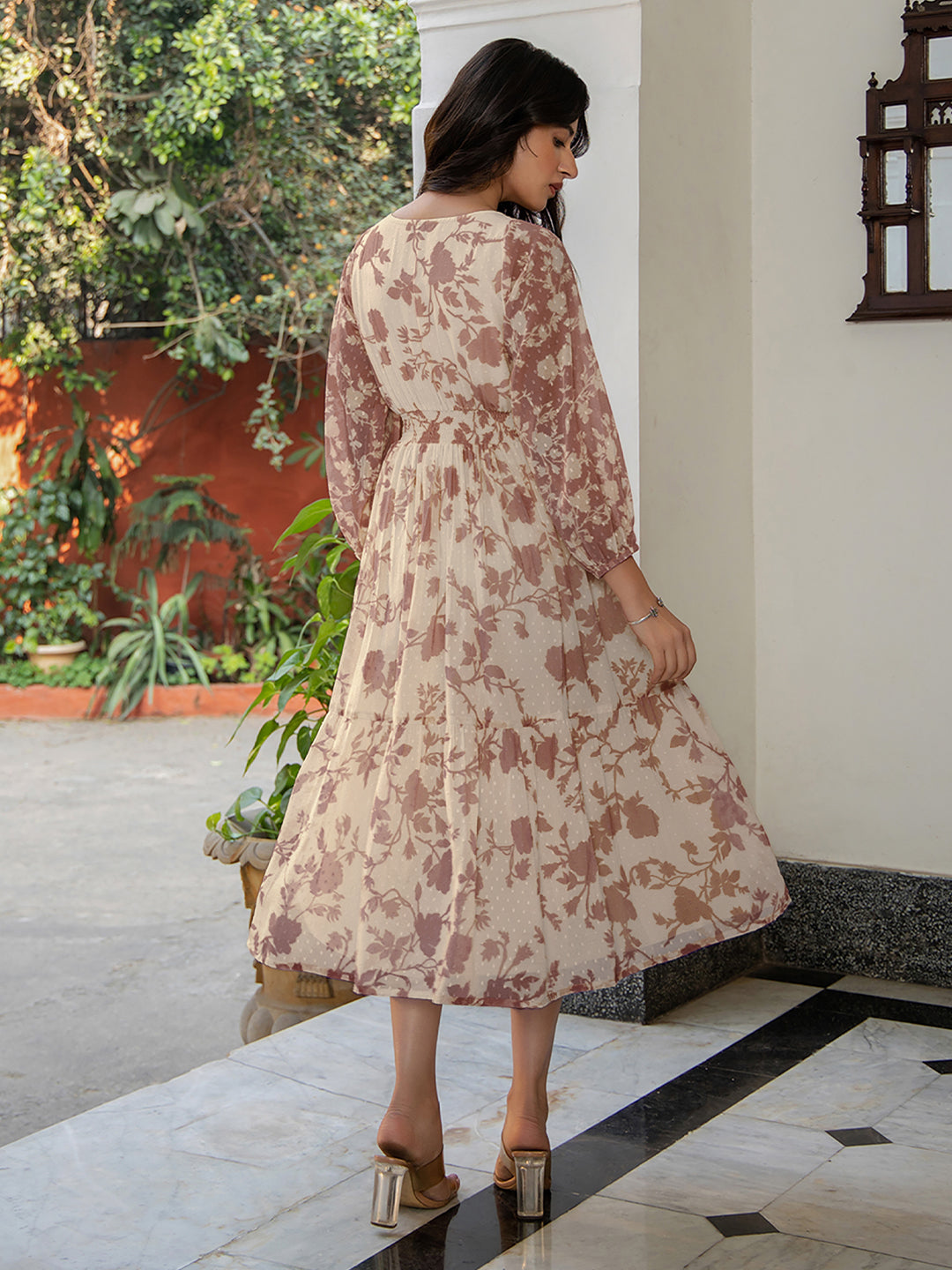 Brown Dobby Georgette Floral Printed Fit & Flare Dress