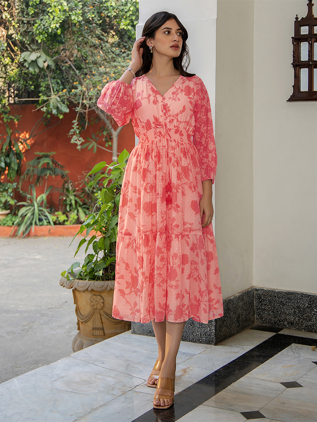 Coral Pink Georgette Floral Printed Fit & Flare Dress Coral Pink Georgette Floral Printed Fit & Flare Dress