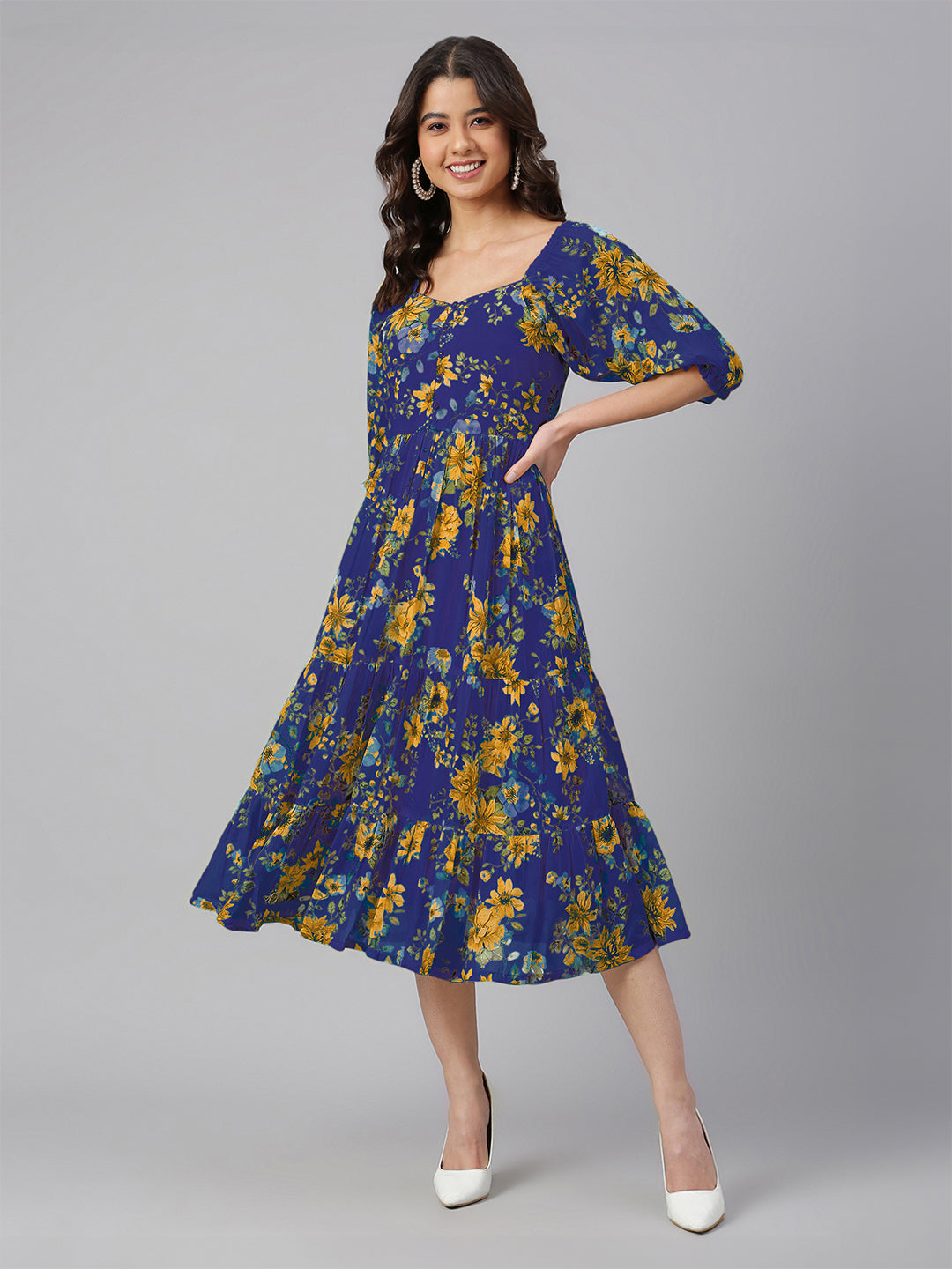 Blue Georgette Floral Printed Tiered Dress