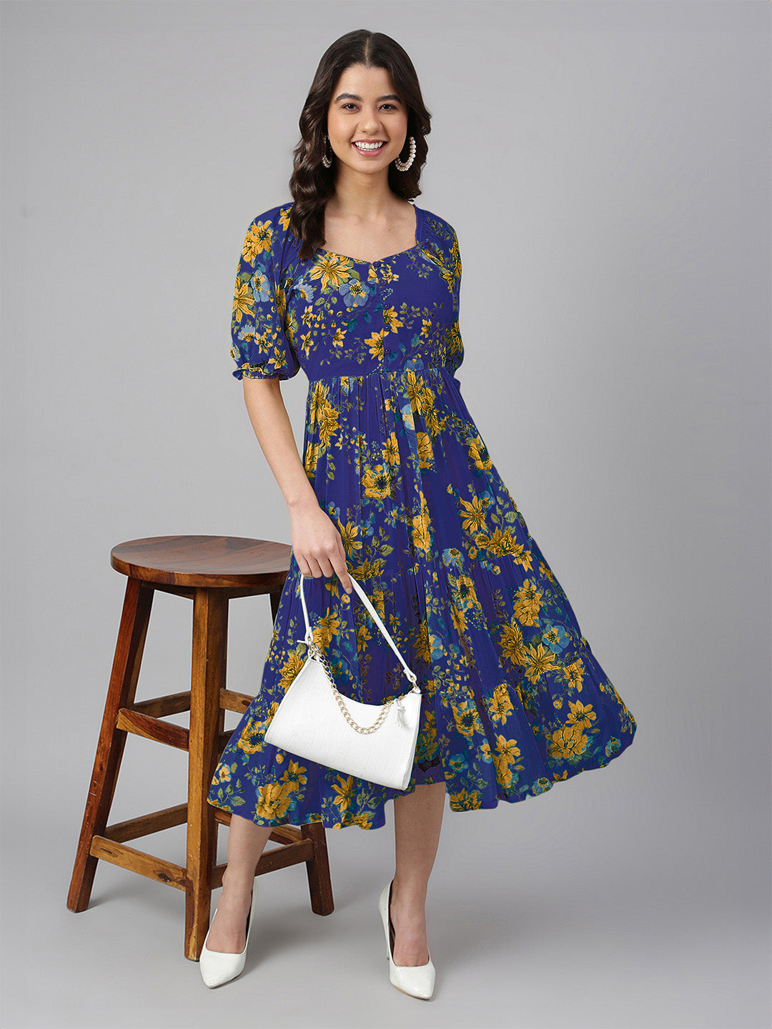 Blue Georgette Floral Printed Tiered Dress