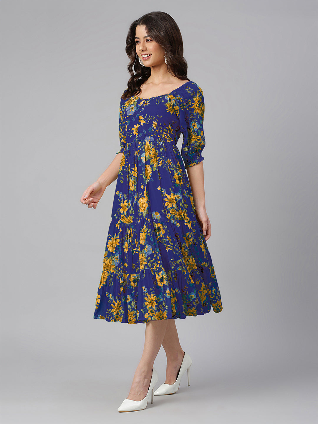 Blue Georgette Floral Printed Tiered Dress