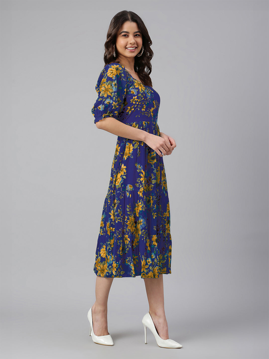 Blue Georgette Floral Printed Tiered Dress