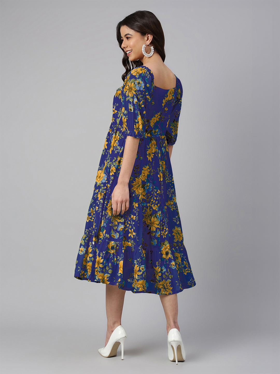 Blue Georgette Floral Printed Tiered Dress