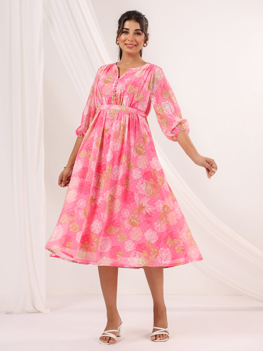 Janasya Women's Pink Georgette Floral Printed A-line Dress