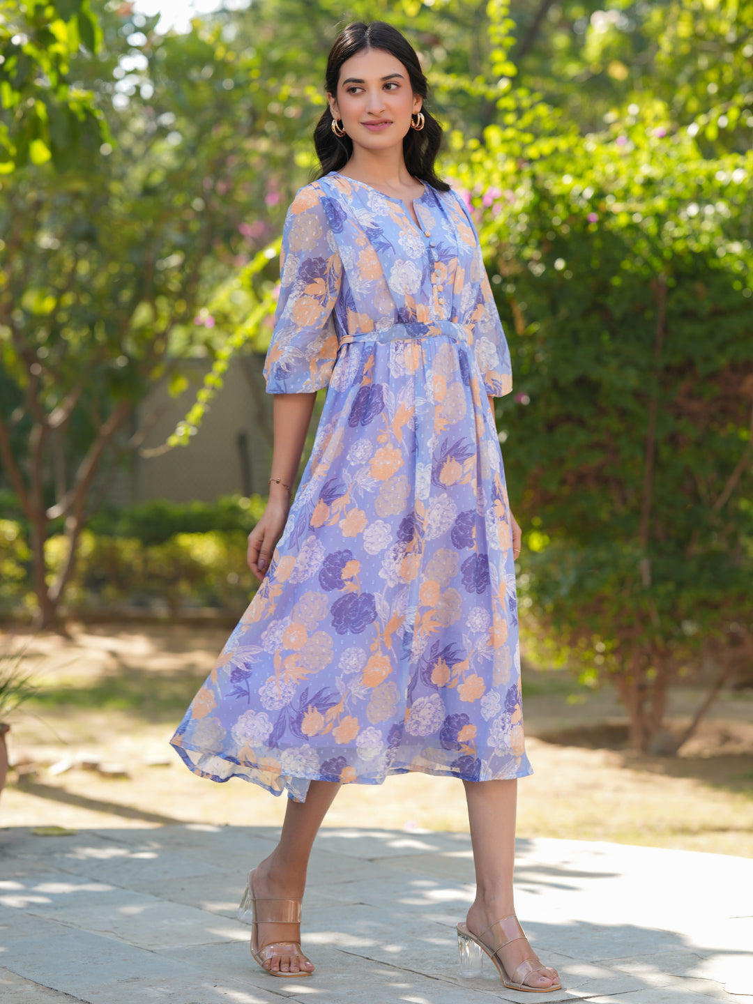 Lavender Georgette Floral Printed A-Line Dress