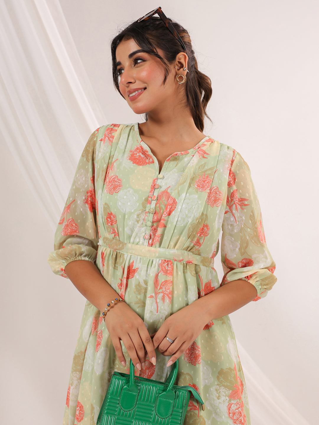 Janasya Women's Light Green Georgette Floral Printed A-line Dress
