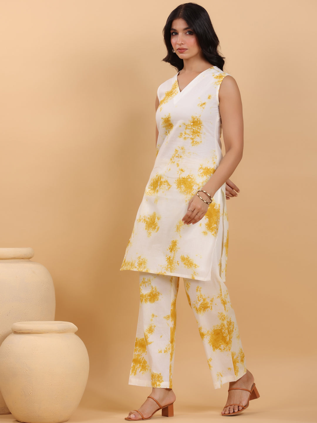 Cream Pure Cotton Tie & Dye Straight Kurta Pant Set