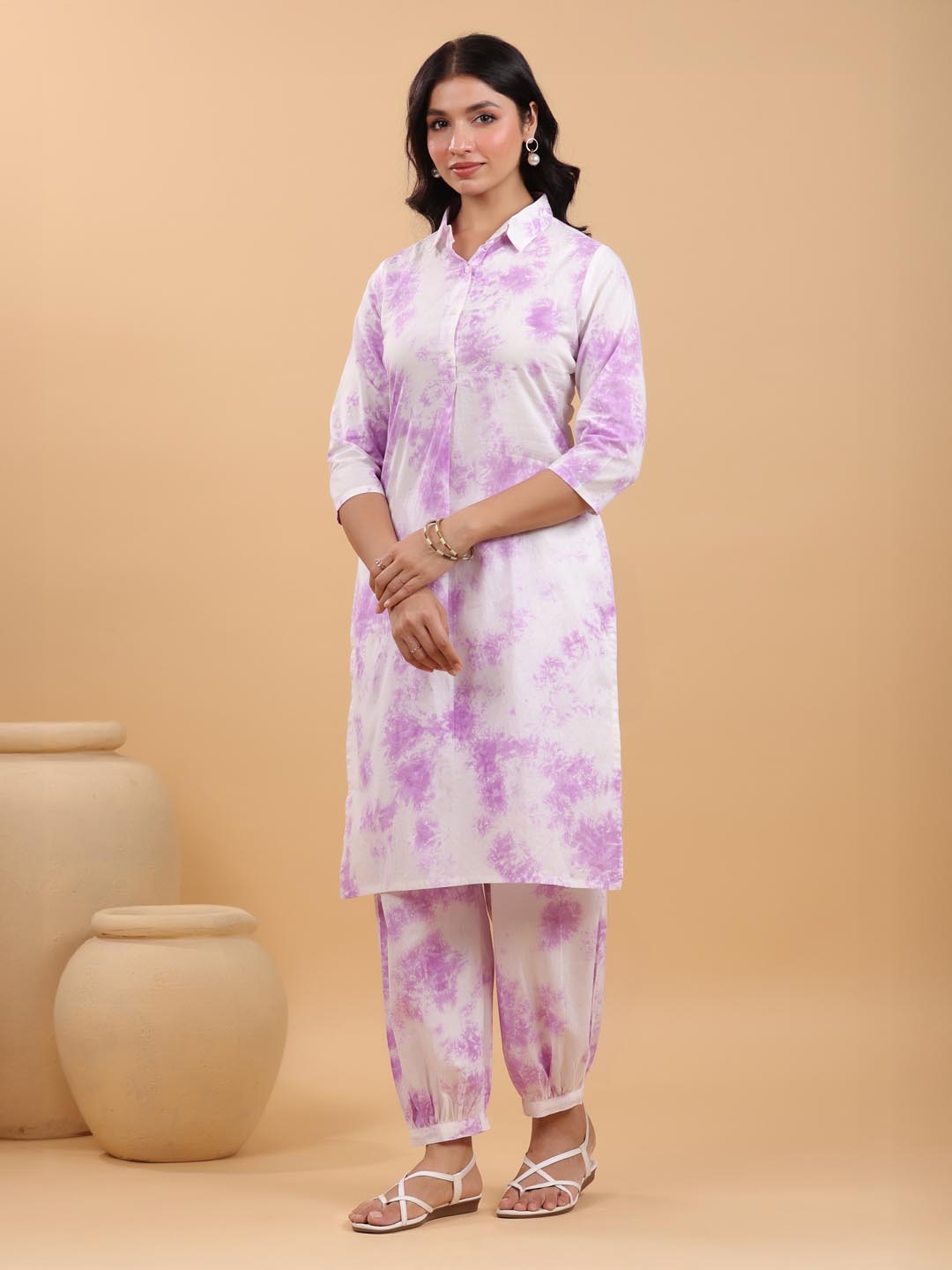 White Pure Cotton Tie & Dye Straight Kurta Set