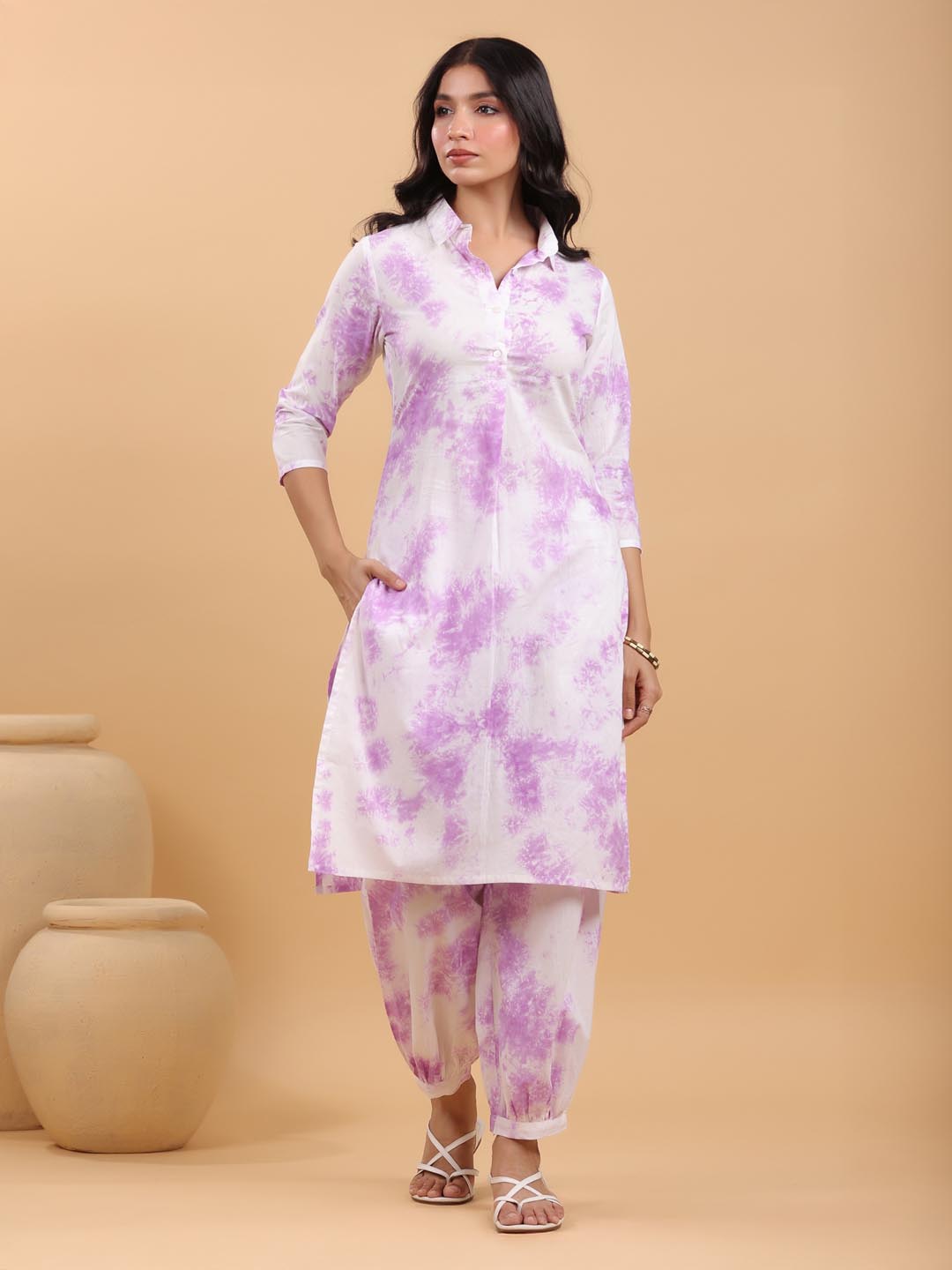 White Pure Cotton Tie & Dye Straight Kurta Set