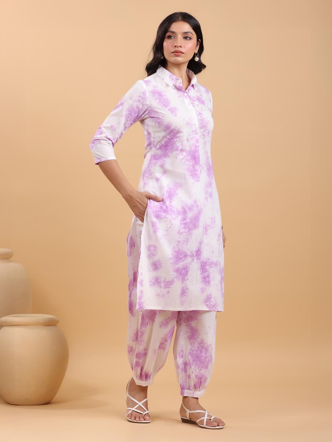 White Pure Cotton Tie & Dye Straight Kurta Set