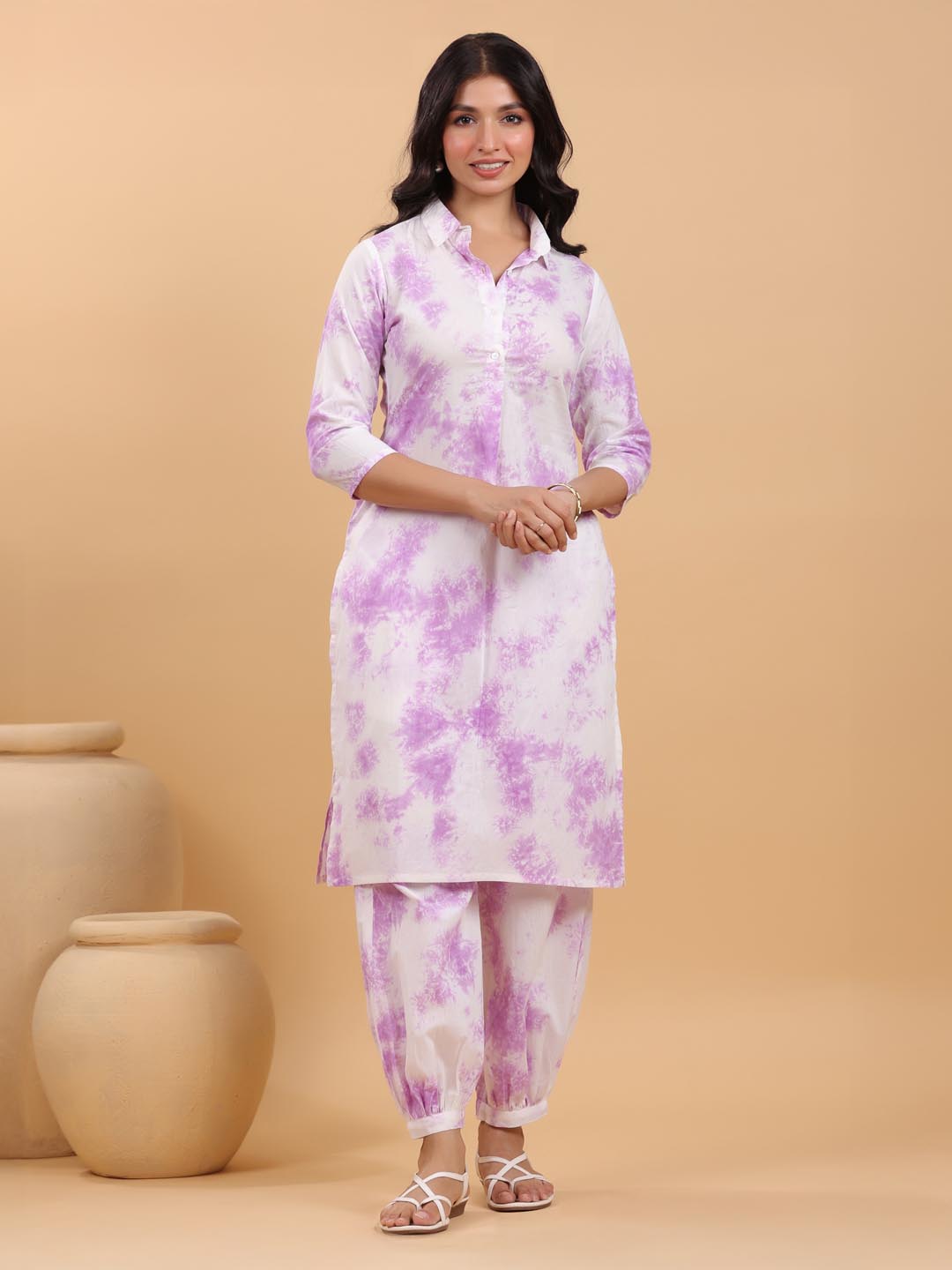 White Pure Cotton Tie & Dye Straight Kurta Set