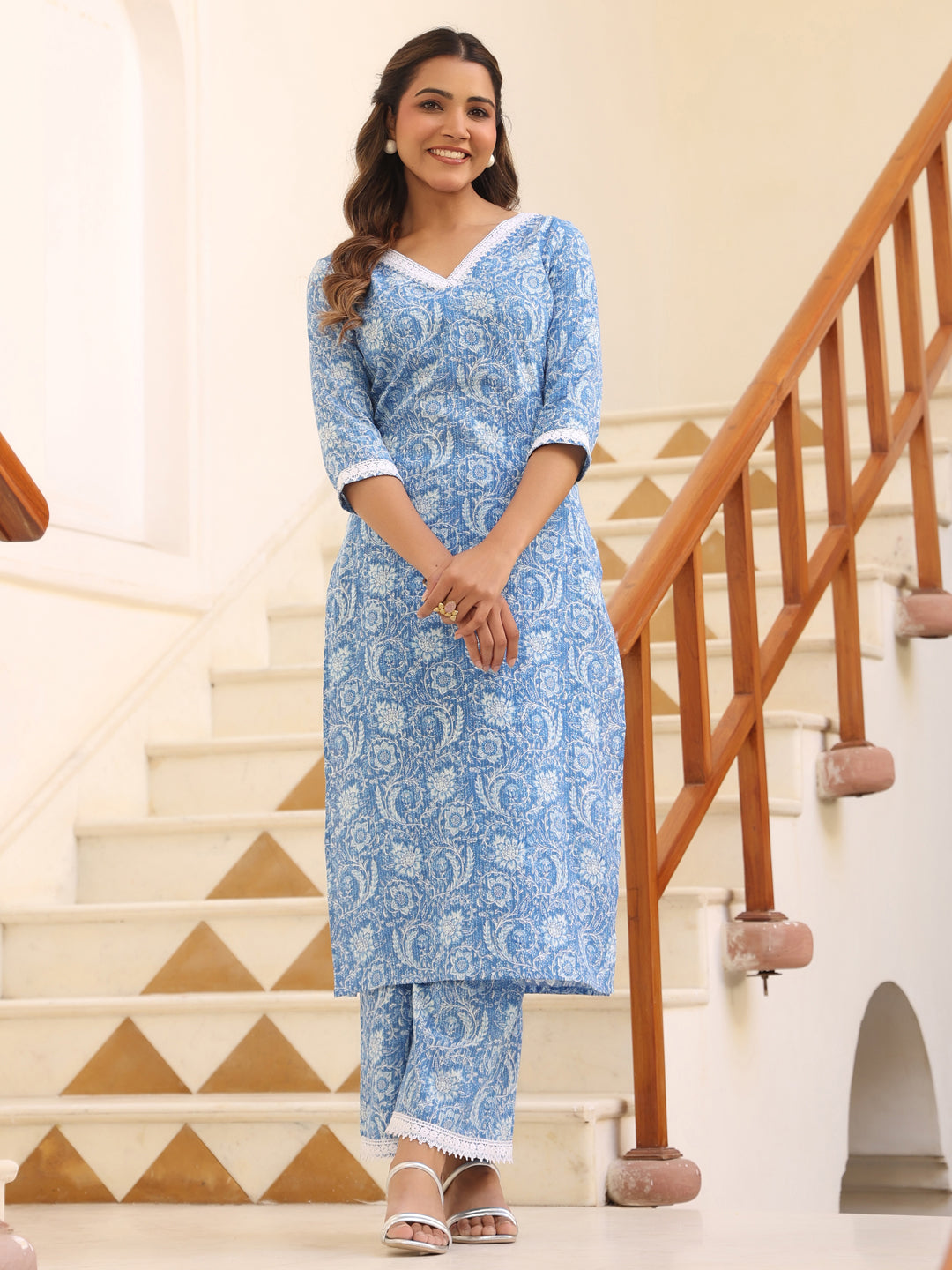 Light Blue Pure Cotton Floral Printed Straight Kurta Set