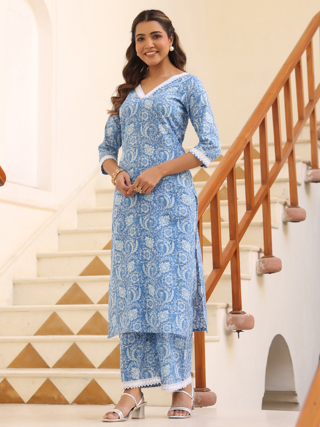 Light Blue Pure Cotton Floral Printed Straight Kurta Set