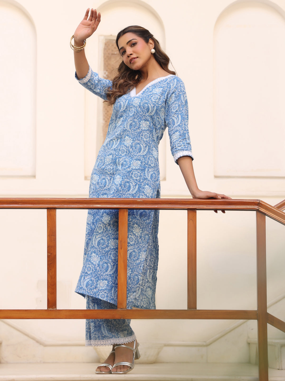 Light Blue Pure Cotton Floral Printed Straight Kurta Set