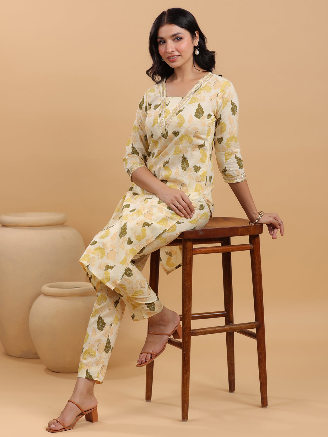 Cream Pure Cotton Floral Printed Straight Kurta Set