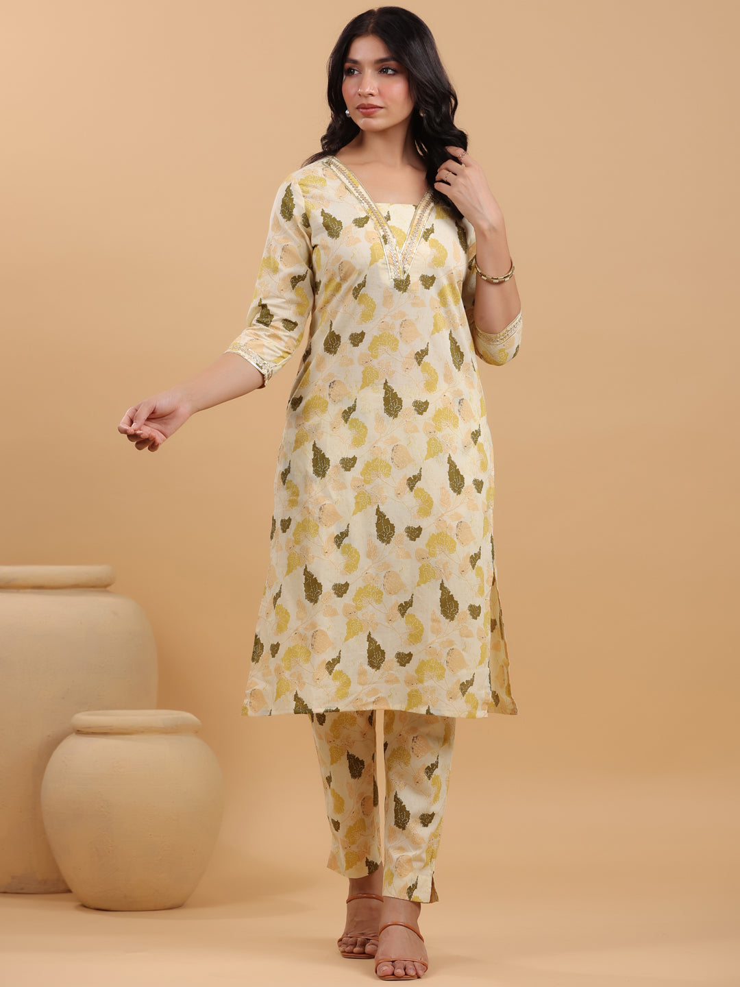 Cream Pure Cotton Floral Printed Straight Kurta Set