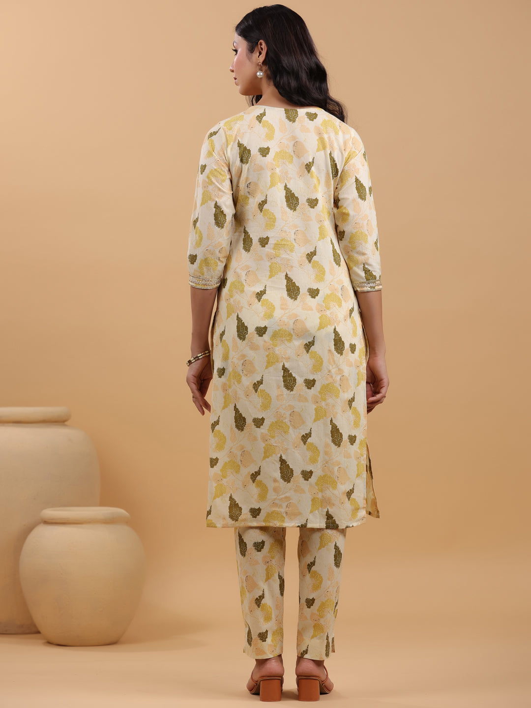 Cream Pure Cotton Floral Printed Straight Kurta Set