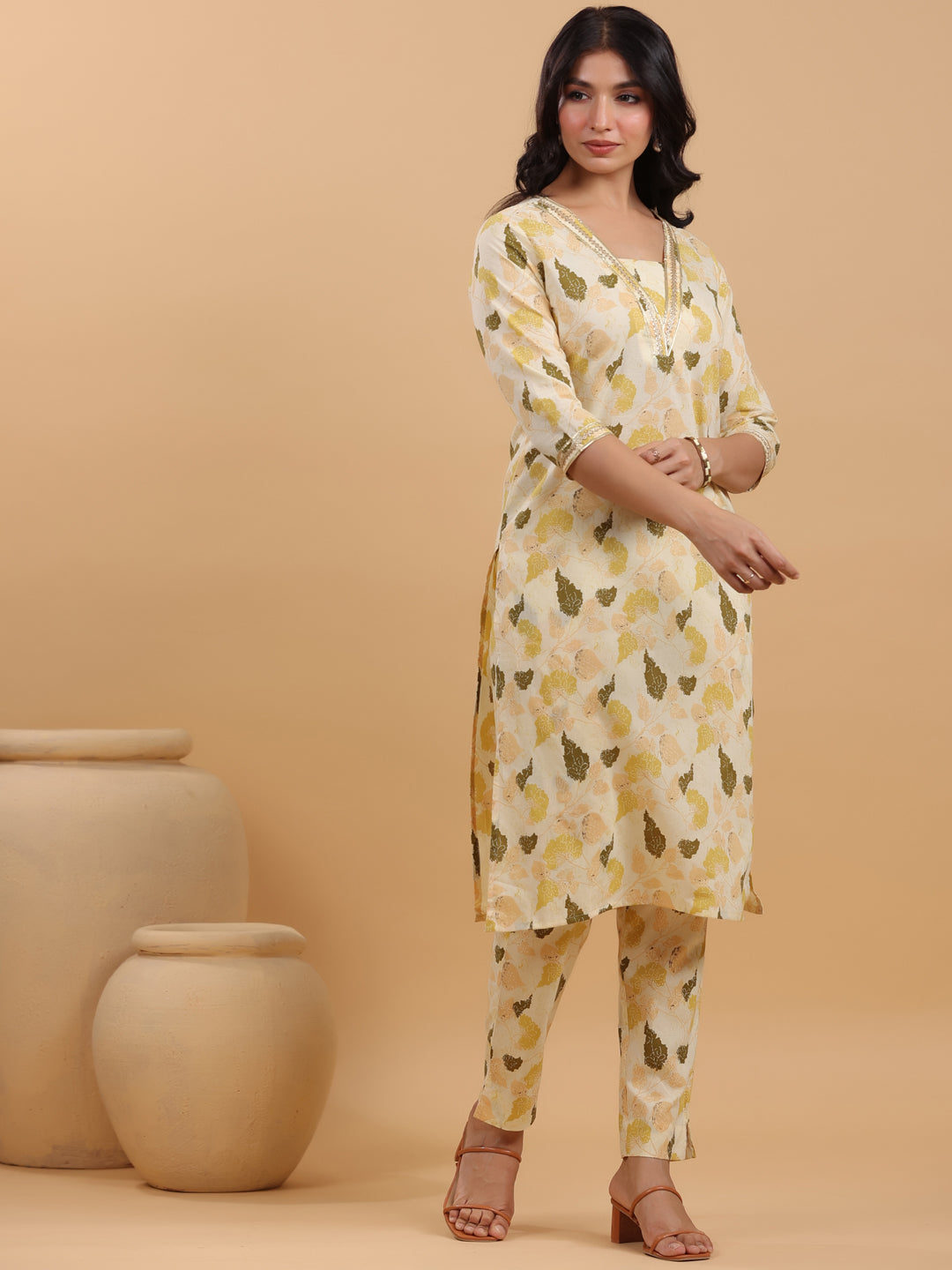 Cream Pure Cotton Floral Printed Straight Kurta Set