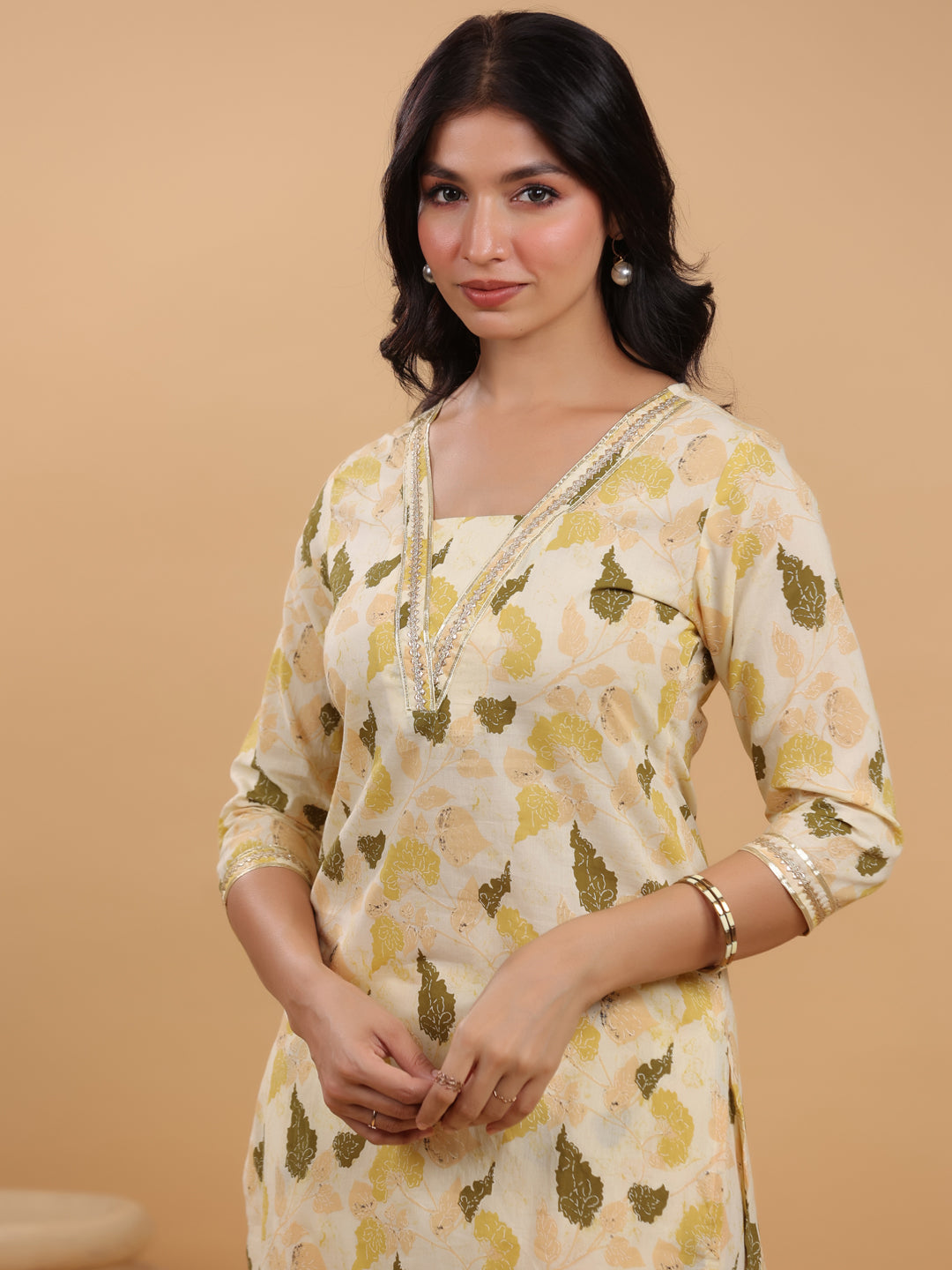 Cream Pure Cotton Floral Printed Straight Kurta Set