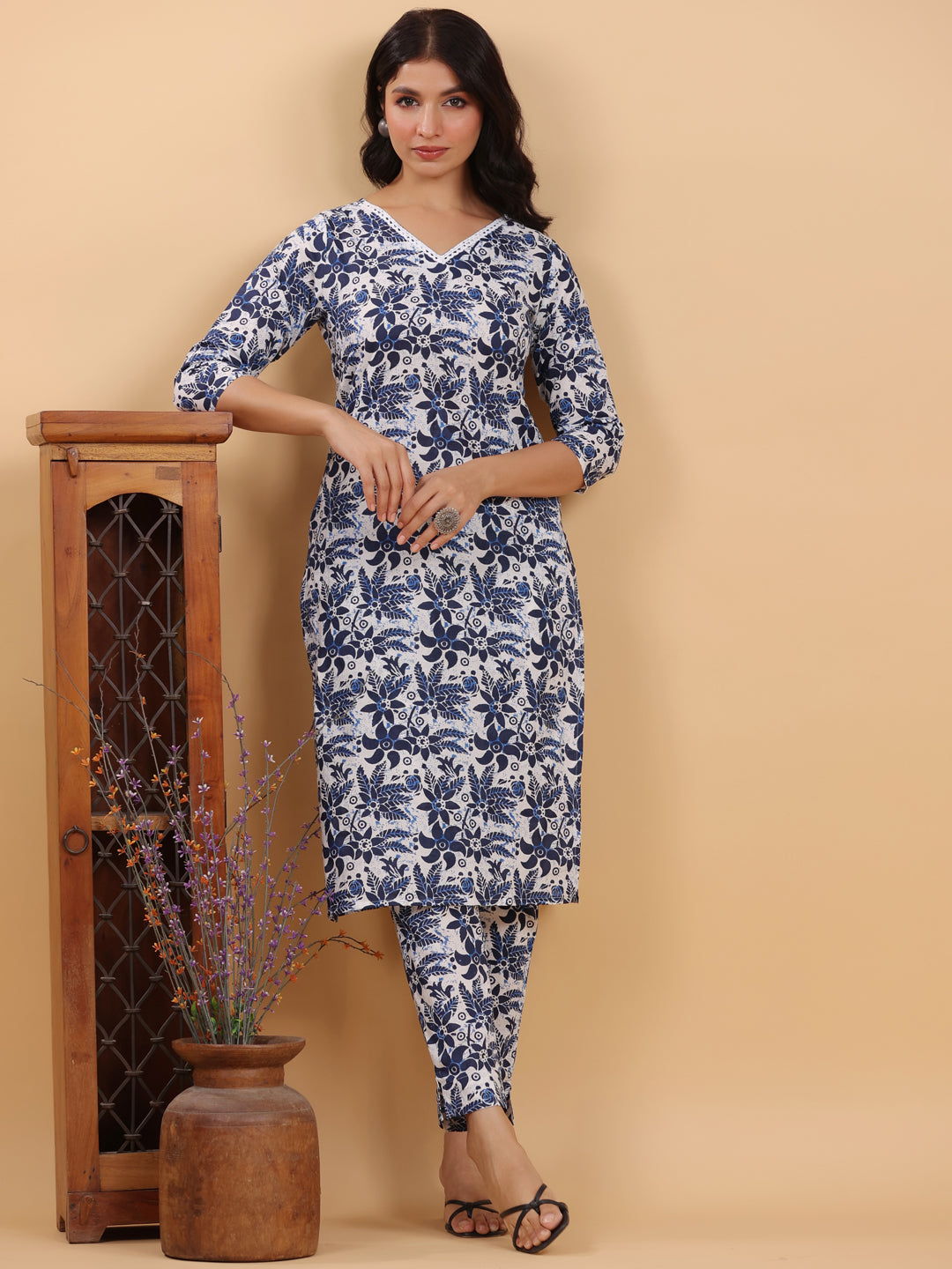 White & Navy Pure Cotton Floral Printed Straight Kurta Set