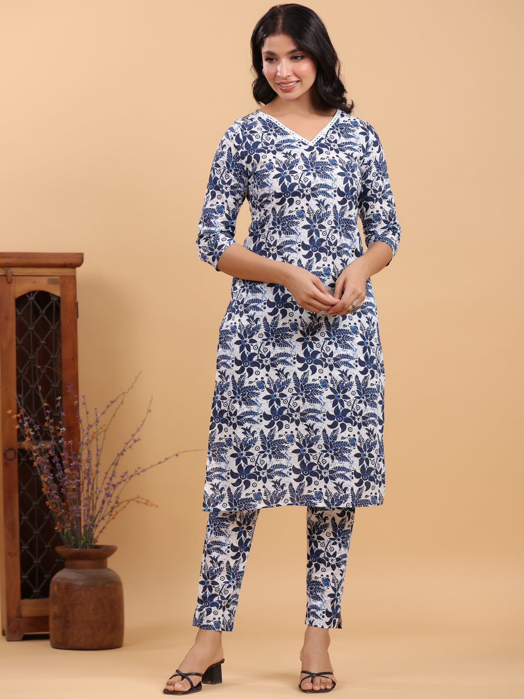 White & Navy Pure Cotton Floral Printed Straight Kurta Set