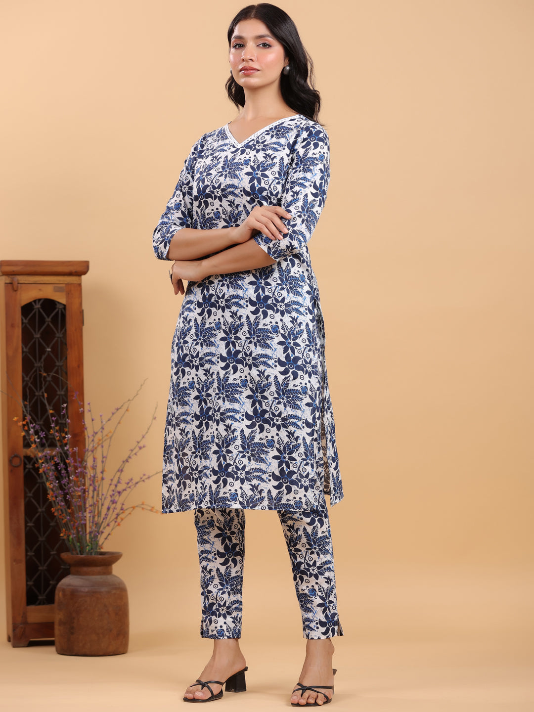 White & Navy Pure Cotton Floral Printed Straight Kurta Set