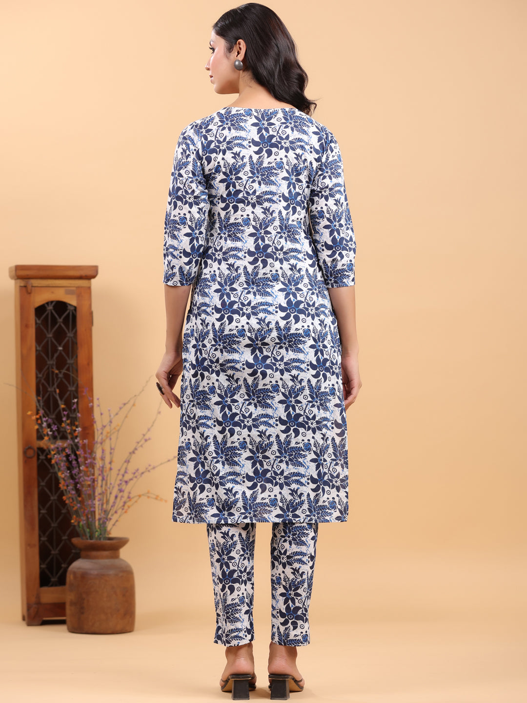 White & Navy Pure Cotton Floral Printed Straight Kurta Set